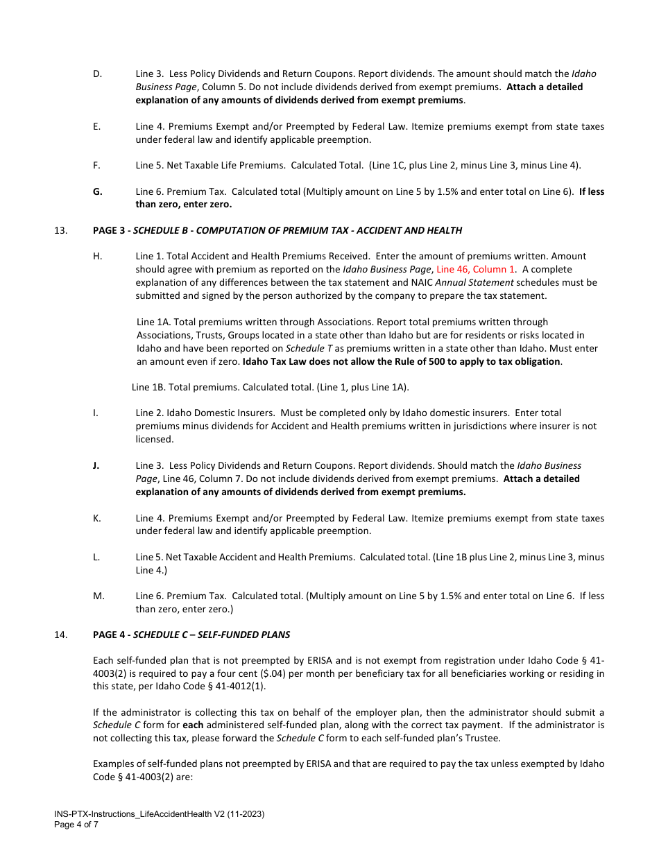 Instructions for Statement of Premium Taxes and Fees - Life, Accident and Health - Idaho, Page 4