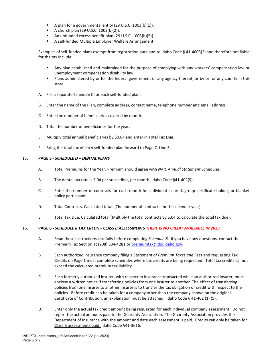 Instructions for Statement of Premium Taxes and Fees - Life, Accident and Health - Idaho, Page 5