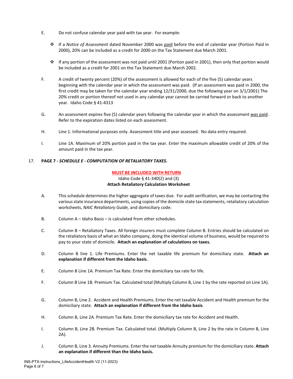 Instructions for Statement of Premium Taxes and Fees - Life, Accident and Health - Idaho, Page 6