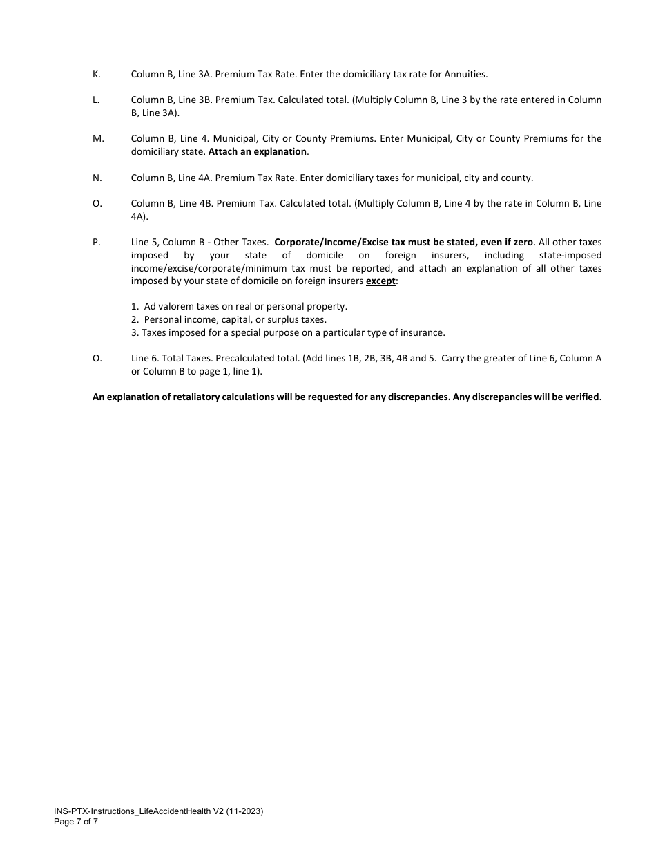 Instructions for Statement of Premium Taxes and Fees - Life, Accident and Health - Idaho, Page 7