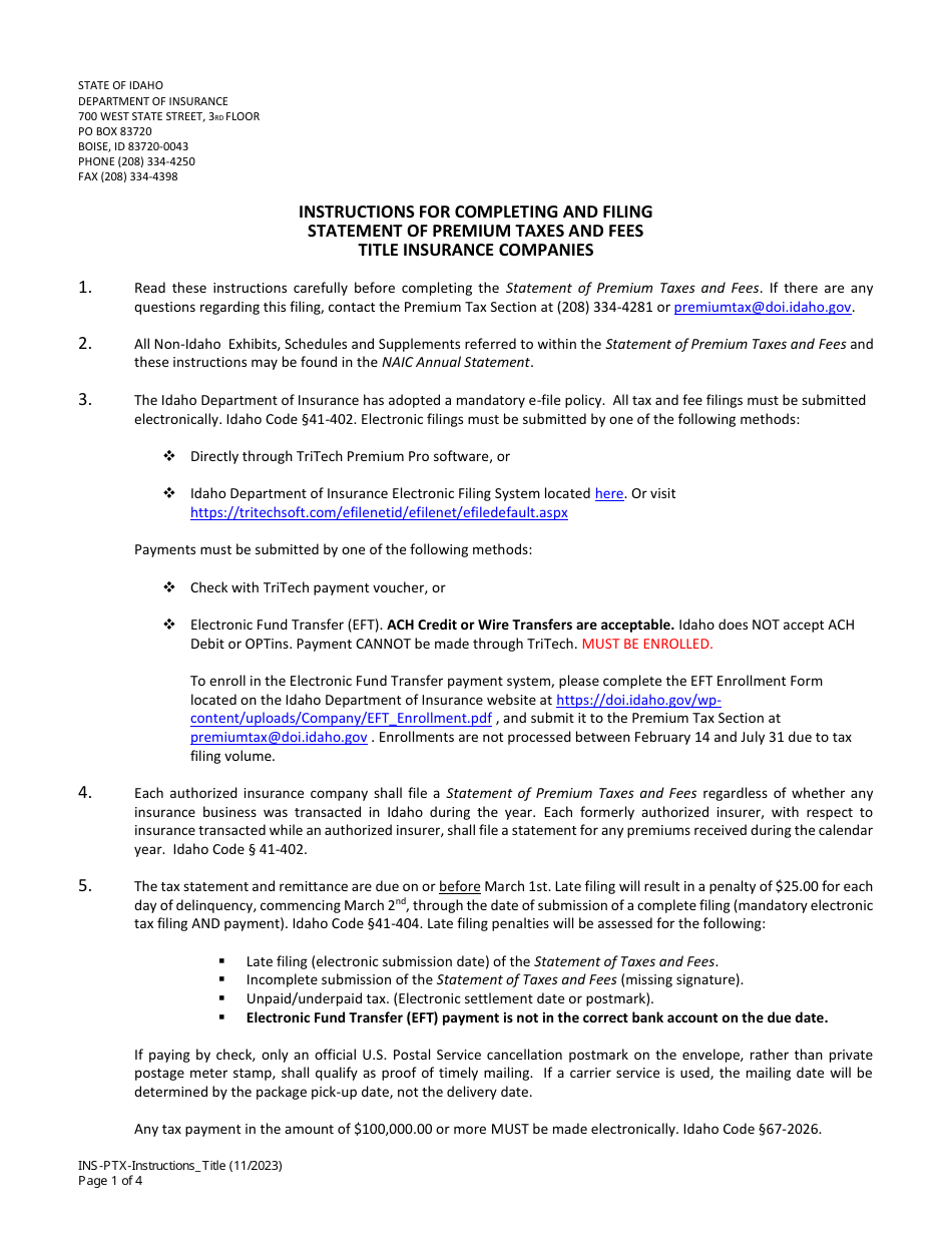 Instructions for Statement of Premium Taxes and Fees - Title Insurance Companies - Idaho, Page 1