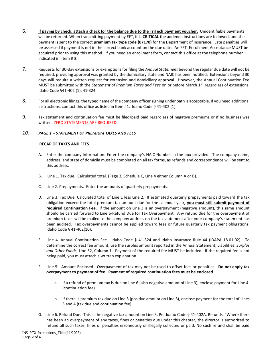 Instructions for Statement of Premium Taxes and Fees - Title Insurance Companies - Idaho, Page 2