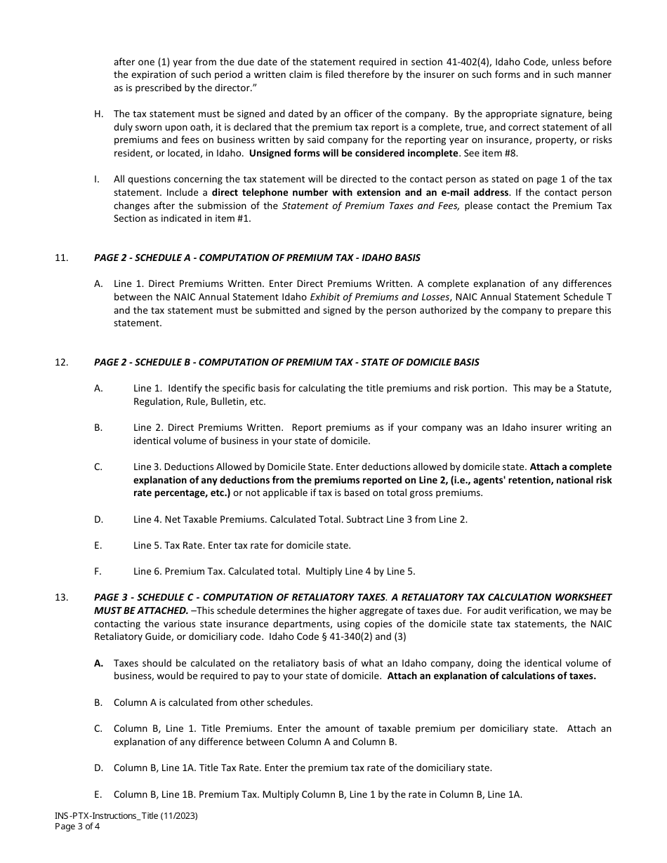 Instructions for Statement of Premium Taxes and Fees - Title Insurance Companies - Idaho, Page 3