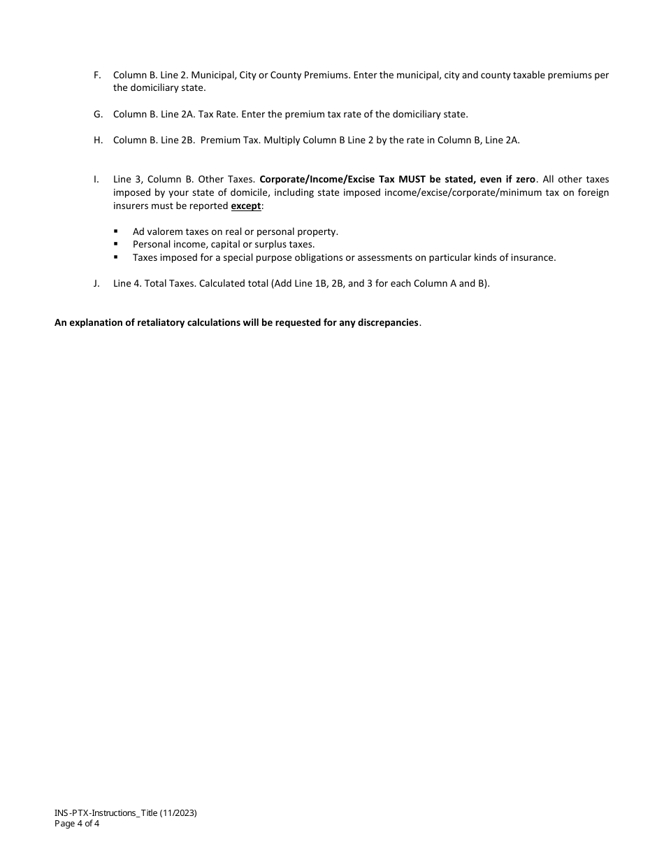 Instructions for Statement of Premium Taxes and Fees - Title Insurance Companies - Idaho, Page 4