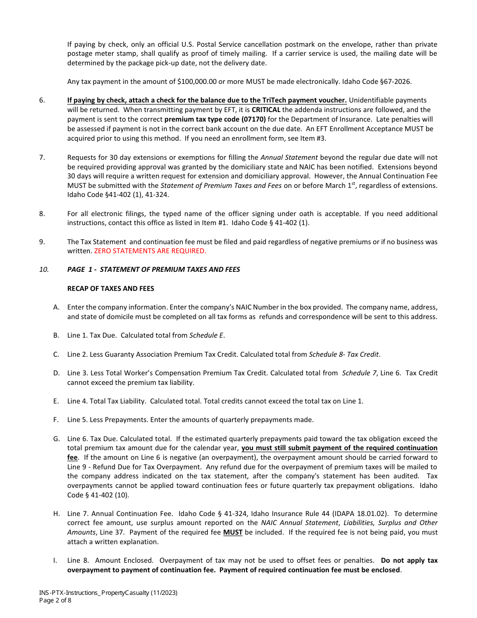 Instructions for Statement of Premium Taxes and Fees - Property and Casualty Companies - Idaho, Page 2
