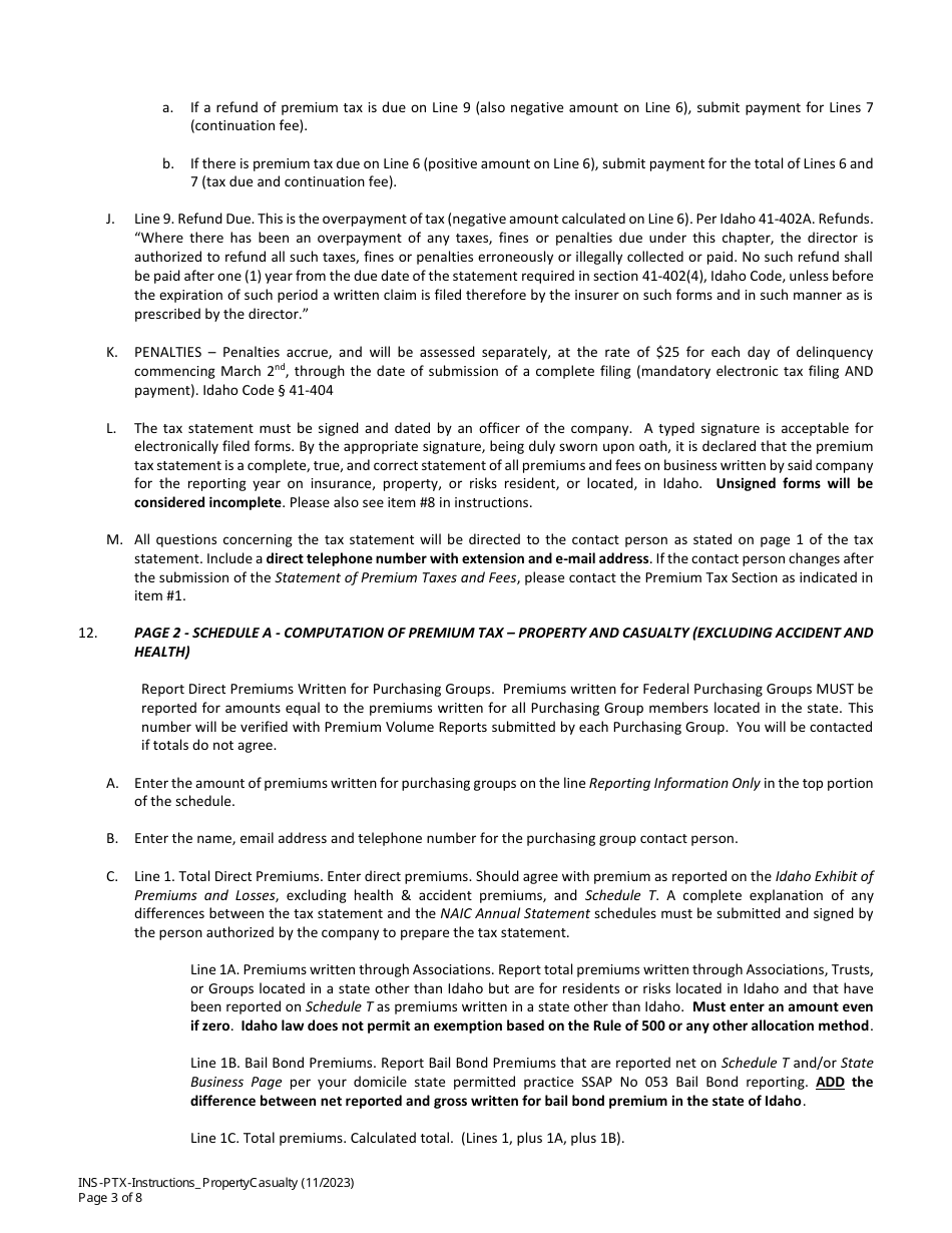 Instructions for Statement of Premium Taxes and Fees - Property and Casualty Companies - Idaho, Page 3