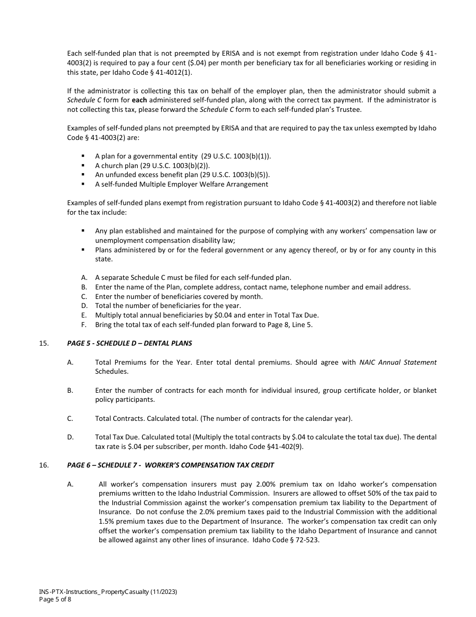Instructions for Statement of Premium Taxes and Fees - Property and Casualty Companies - Idaho, Page 5