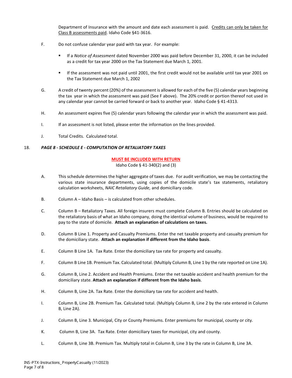 Instructions for Statement of Premium Taxes and Fees - Property and Casualty Companies - Idaho, Page 7