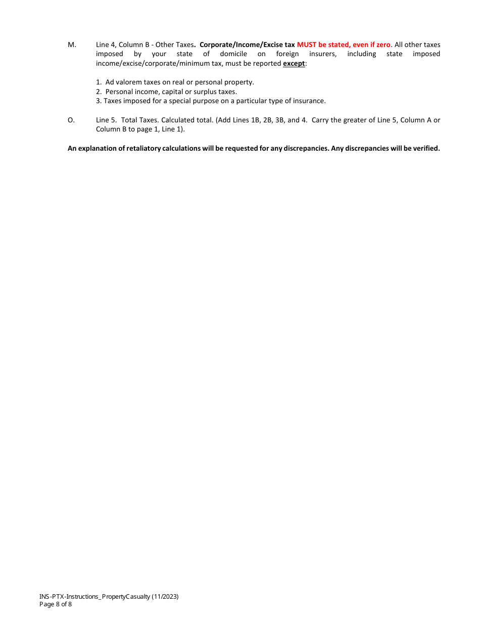 Instructions for Statement of Premium Taxes and Fees - Property and Casualty Companies - Idaho, Page 8