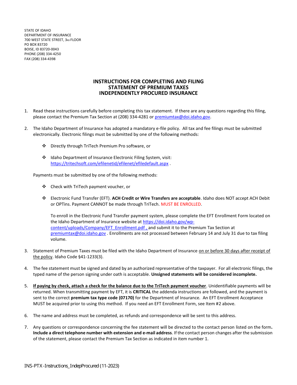 Instructions for Statement of Premium Taxes - Independently Procured Insurance - Idaho, Page 1