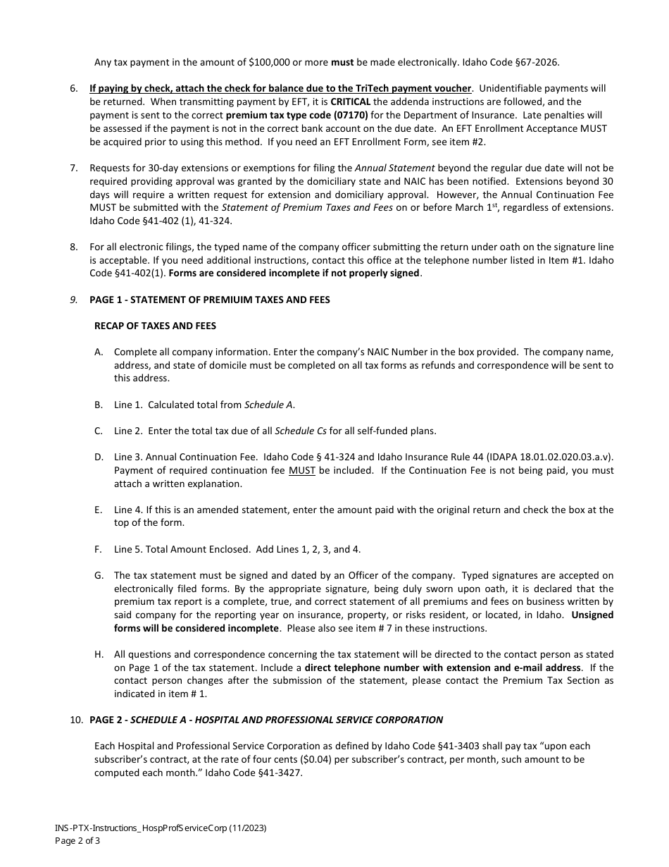 Instructions for Statement of Taxes and Fees - Hospital and Professional Service Corporations - Idaho, Page 2