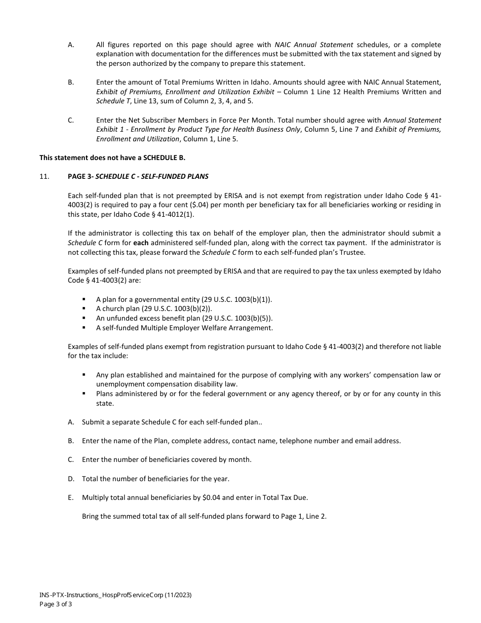 Instructions for Statement of Taxes and Fees - Hospital and Professional Service Corporations - Idaho, Page 3