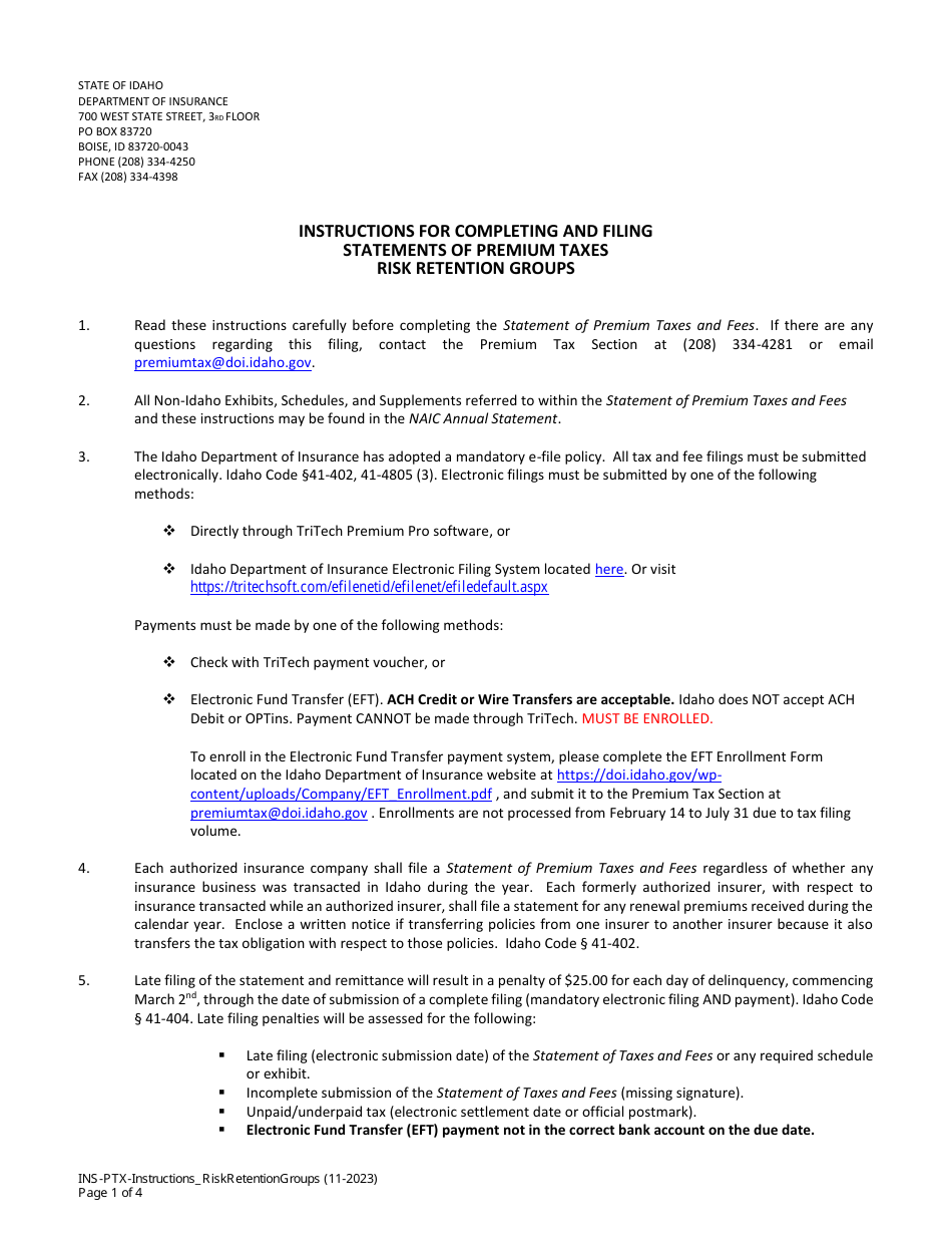 Instructions for Statements of Premium Taxes - Risk Retention Groups - Idaho, Page 1