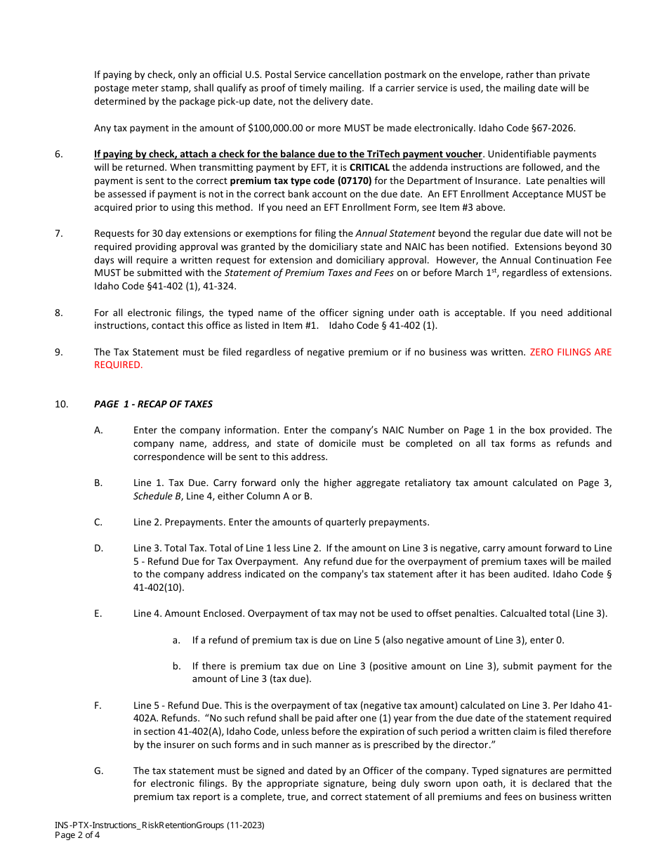 Instructions for Statements of Premium Taxes - Risk Retention Groups - Idaho, Page 2