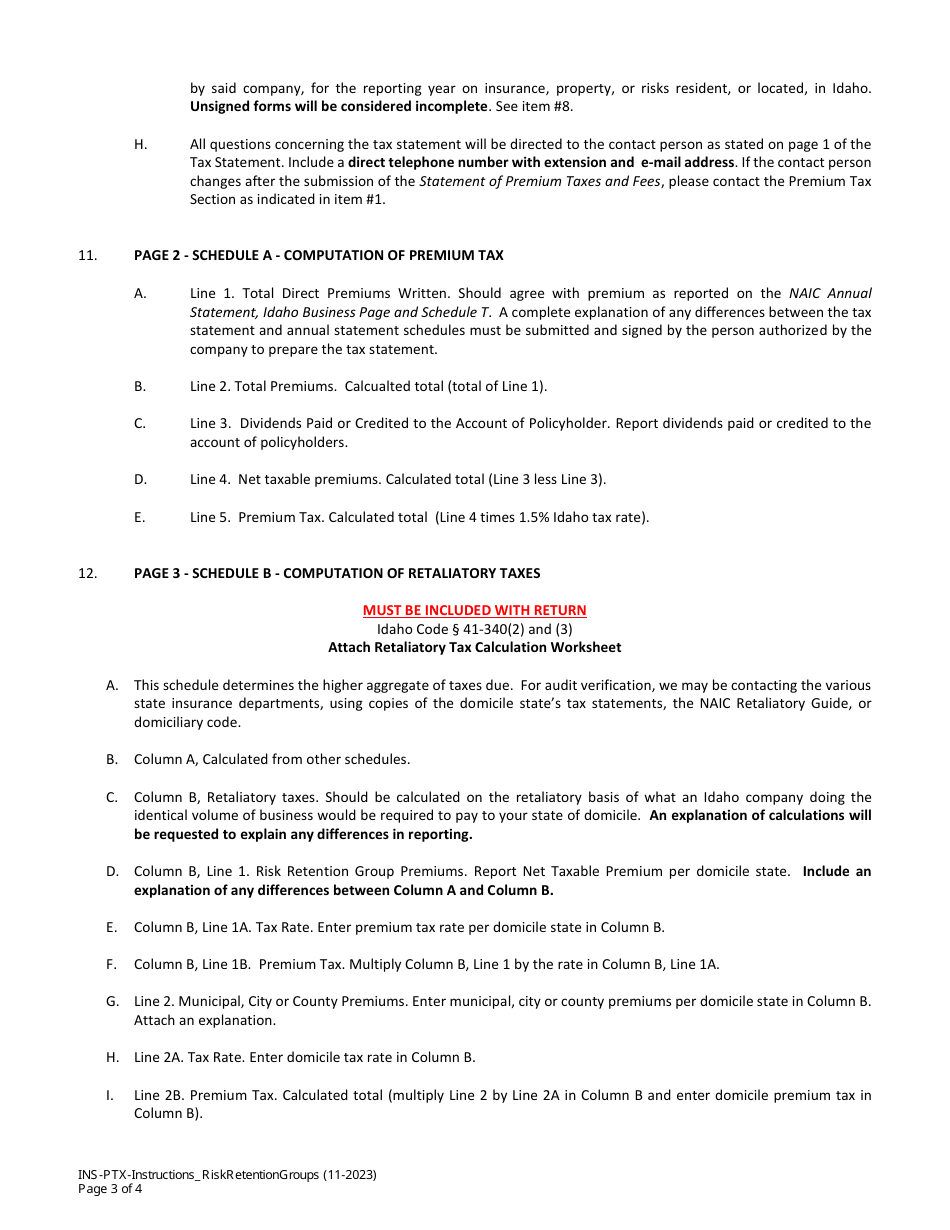 Instructions for Statements of Premium Taxes - Risk Retention Groups - Idaho, Page 3
