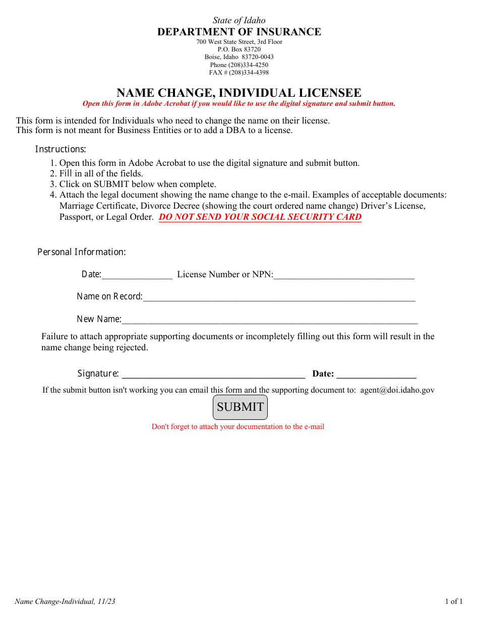 Name Change, Individual Licensee - Idaho, Page 1