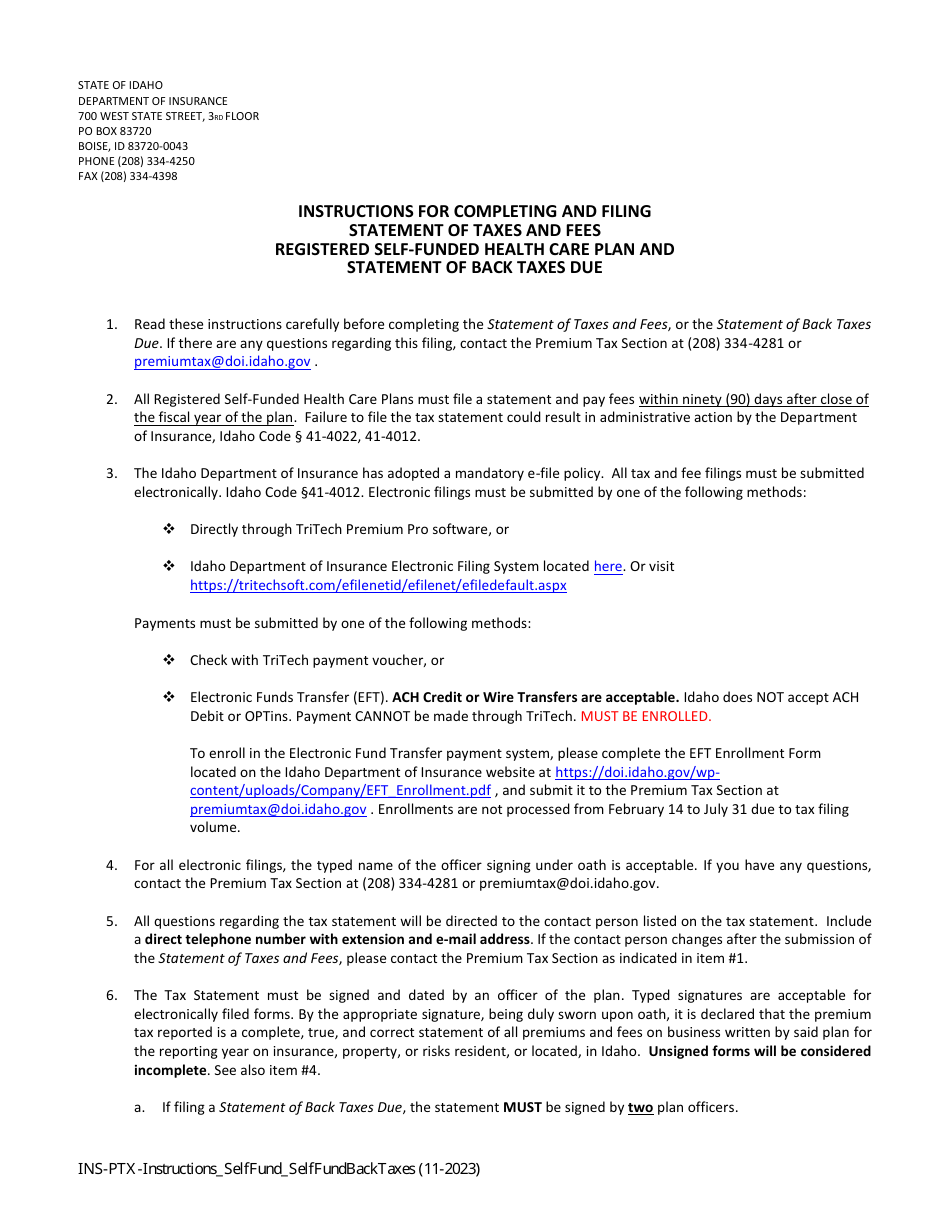 Instructions for Statement of Premium Taxes and Fees - Registered Self-funded Health Care Plan and Statement of Back Taxes Due - Idaho, Page 1