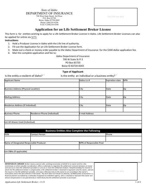 Application for a Life Settlement Broker License - Idaho Download Pdf