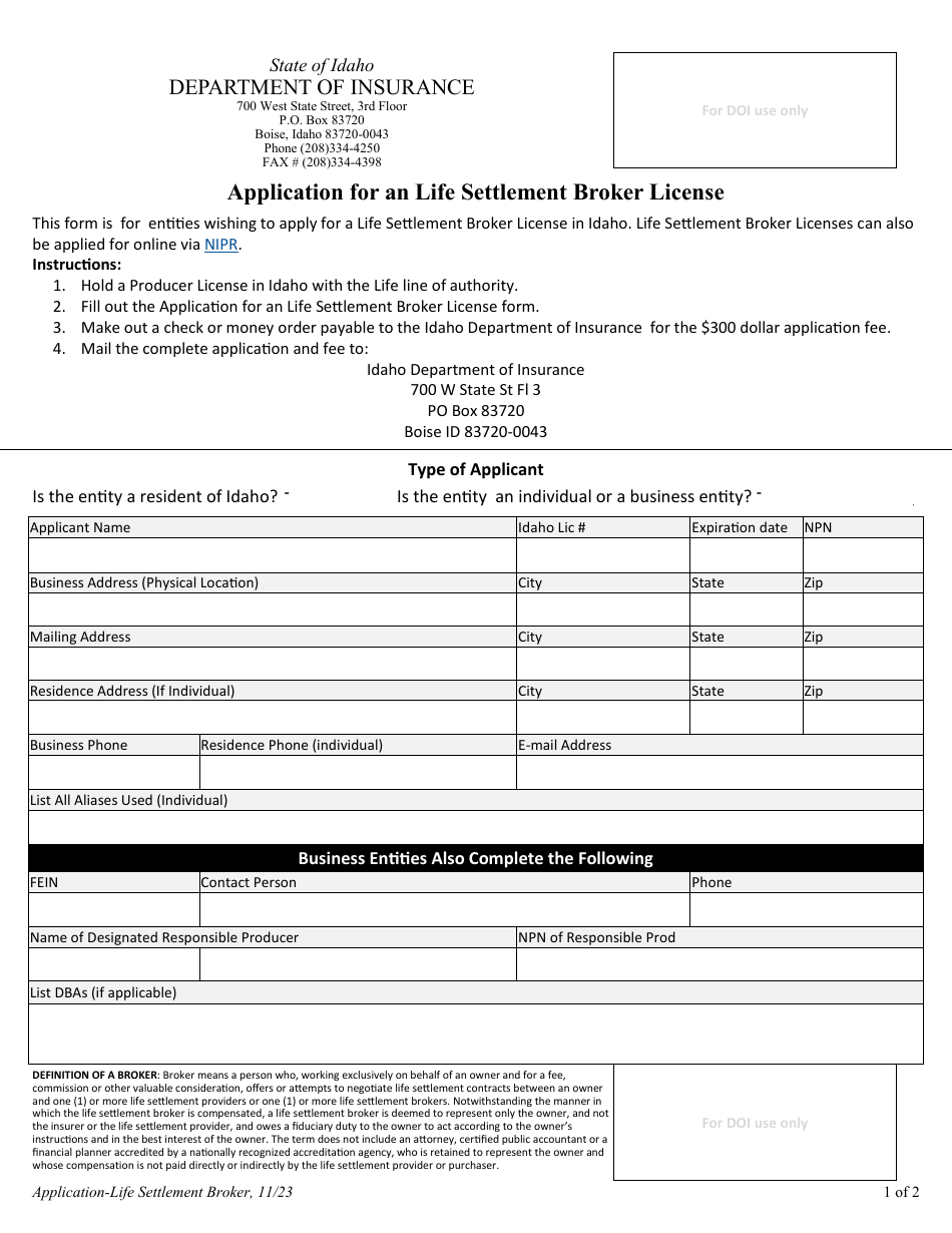 Application for a Life Settlement Broker License - Idaho, Page 1