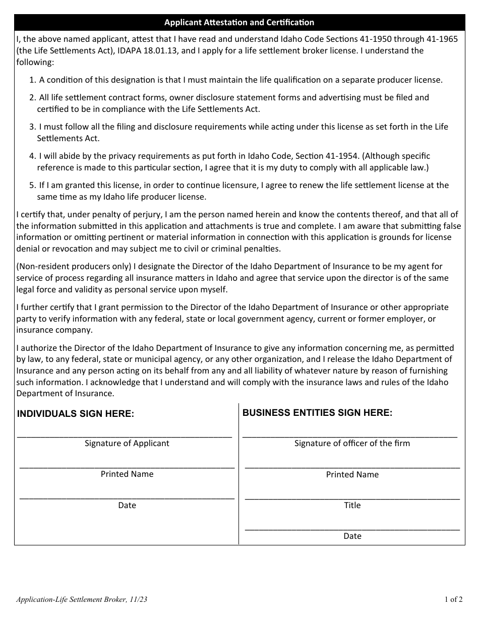 Application for a Life Settlement Broker License - Idaho, Page 2