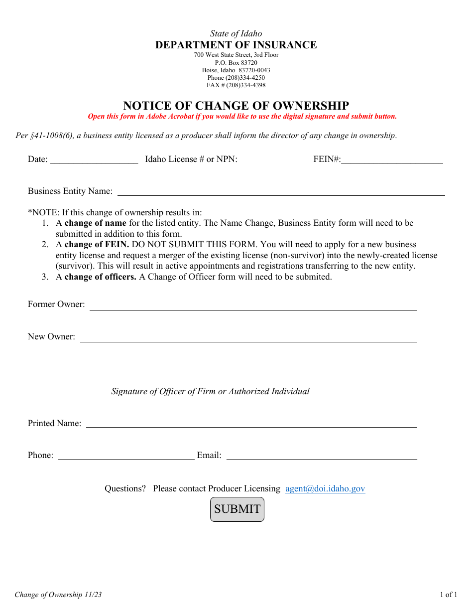 Notice of Change of Ownership - Idaho, Page 1