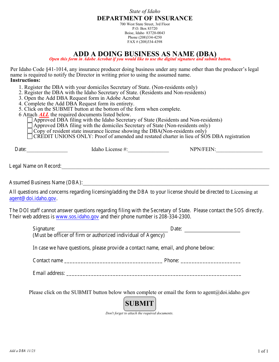 Add a Doing Business as Name (Dba) - Idaho, Page 1