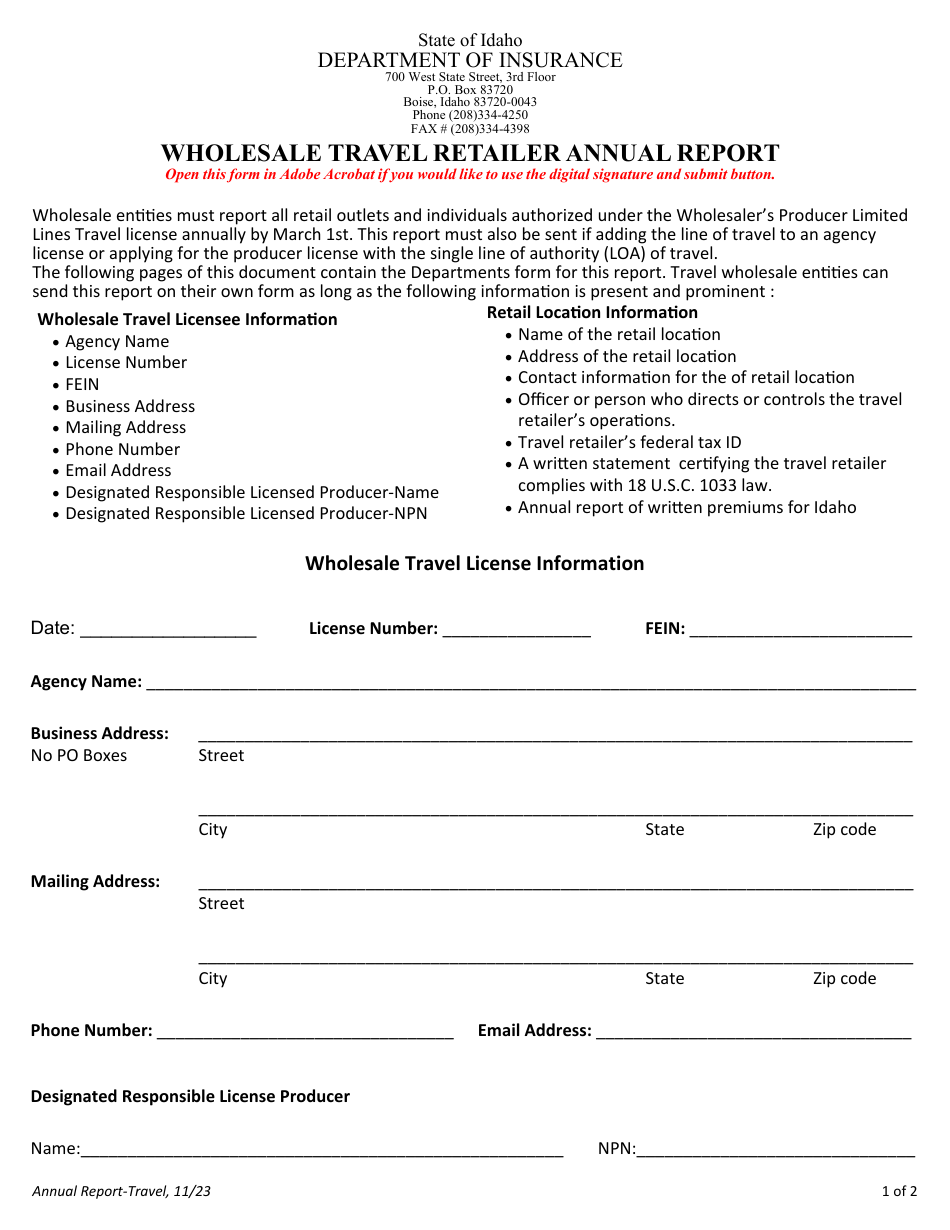 Idaho Wholesale Travel Retailer Annual Report Fill Out, Sign Online and Download PDF