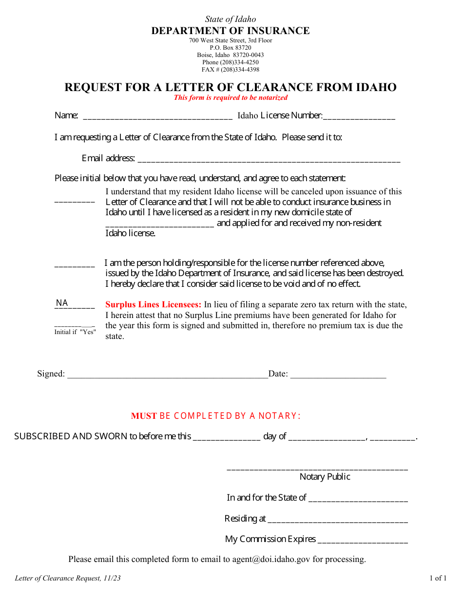 Request for a Letter of Clearance From Idaho - Idaho, Page 1