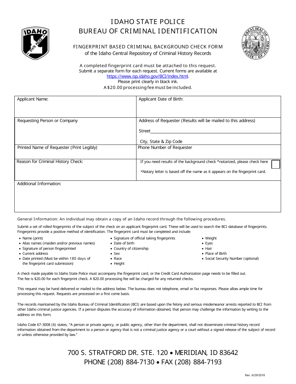 Bail Renewal Fingerprint Packet - Resident - Idaho, Page 2