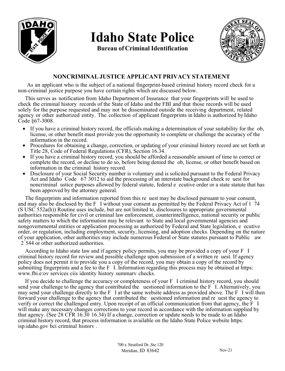 Bail Renewal Fingerprint Packet - Resident - Idaho, Page 7