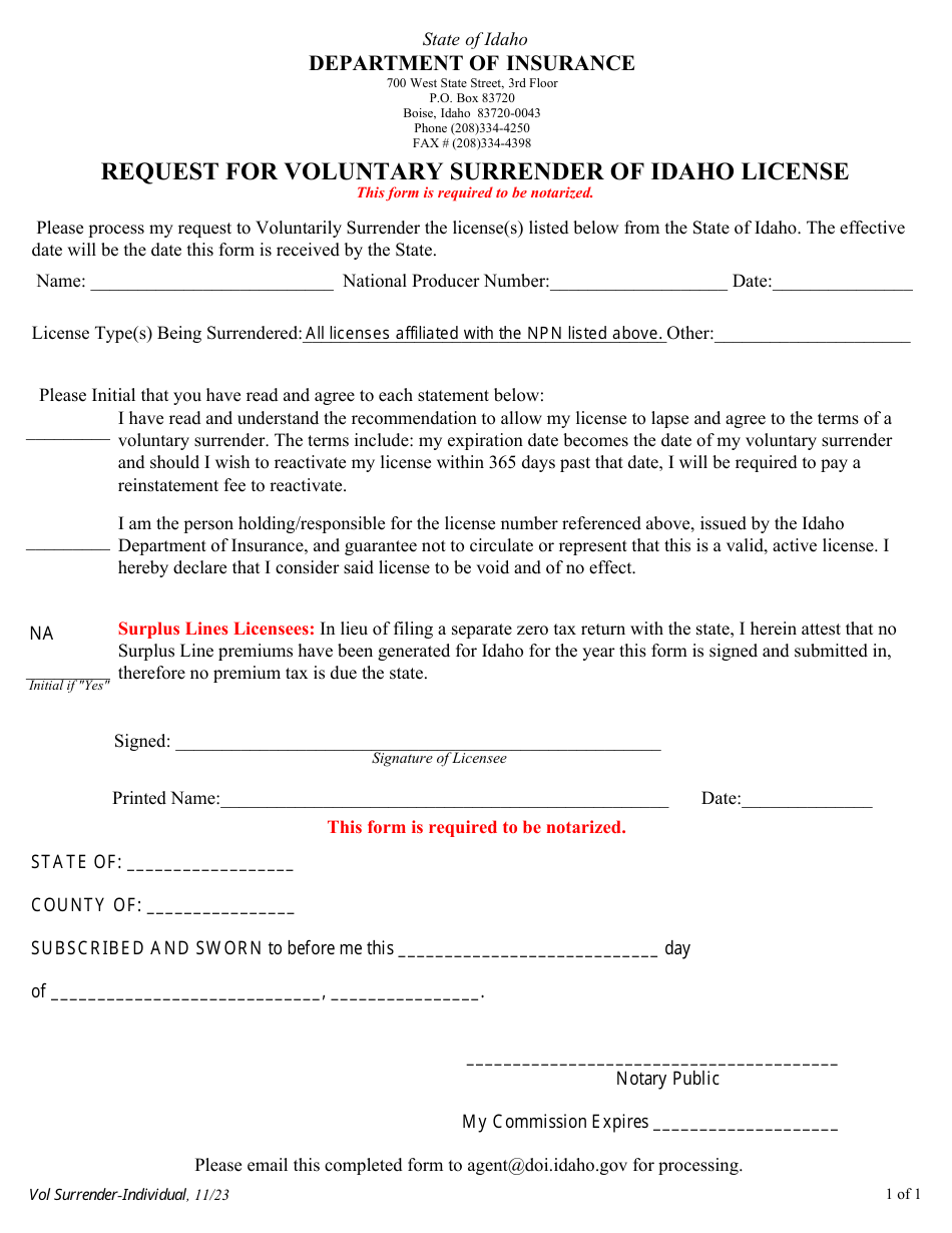 Request for Voluntary Surrender of Idaho License - Idaho, Page 1