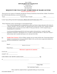 Document preview: Request for Voluntary Surrender of Idaho License - Idaho