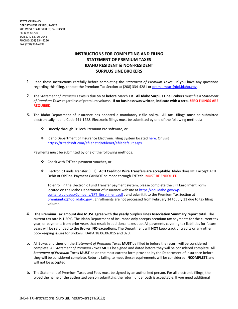 Instructions for Statement of Premium Taxes - Idaho Resident  Non-resident Surplus Line Brokers - Idaho, Page 1