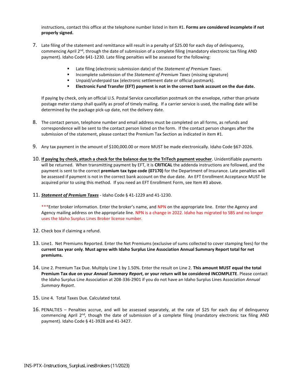 Instructions for Statement of Premium Taxes - Idaho Resident  Non-resident Surplus Line Brokers - Idaho, Page 2