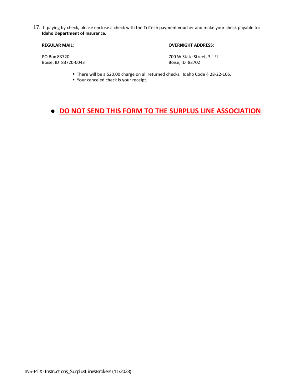 Instructions for Statement of Premium Taxes - Idaho Resident  Non-resident Surplus Line Brokers - Idaho, Page 3