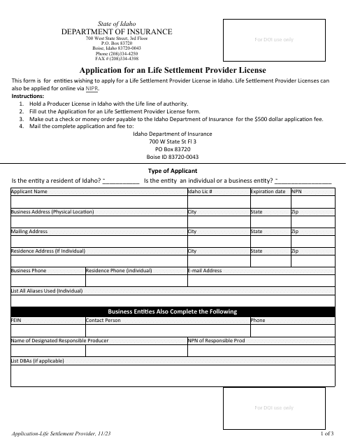 Application for a Life Settlement Provider License - Idaho Download Pdf