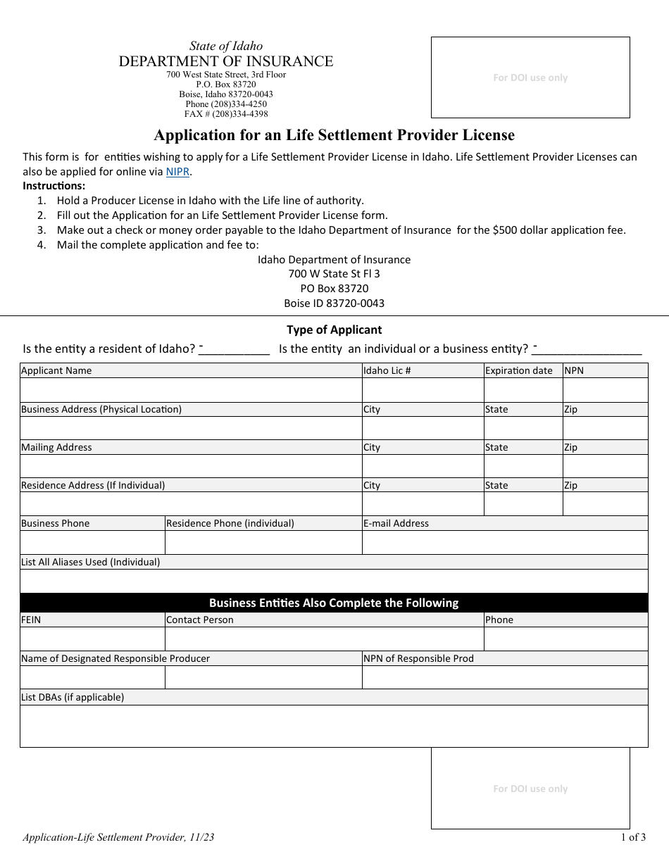 Idaho Application for a Life Settlement Provider License - Fill Out ...