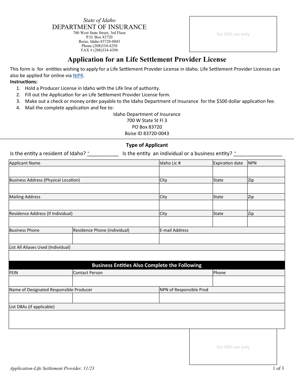 Application for a Life Settlement Provider License - Idaho, Page 1