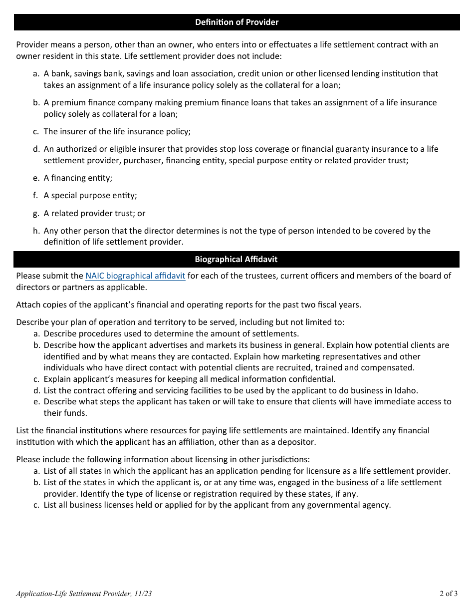 Application for a Life Settlement Provider License - Idaho, Page 2