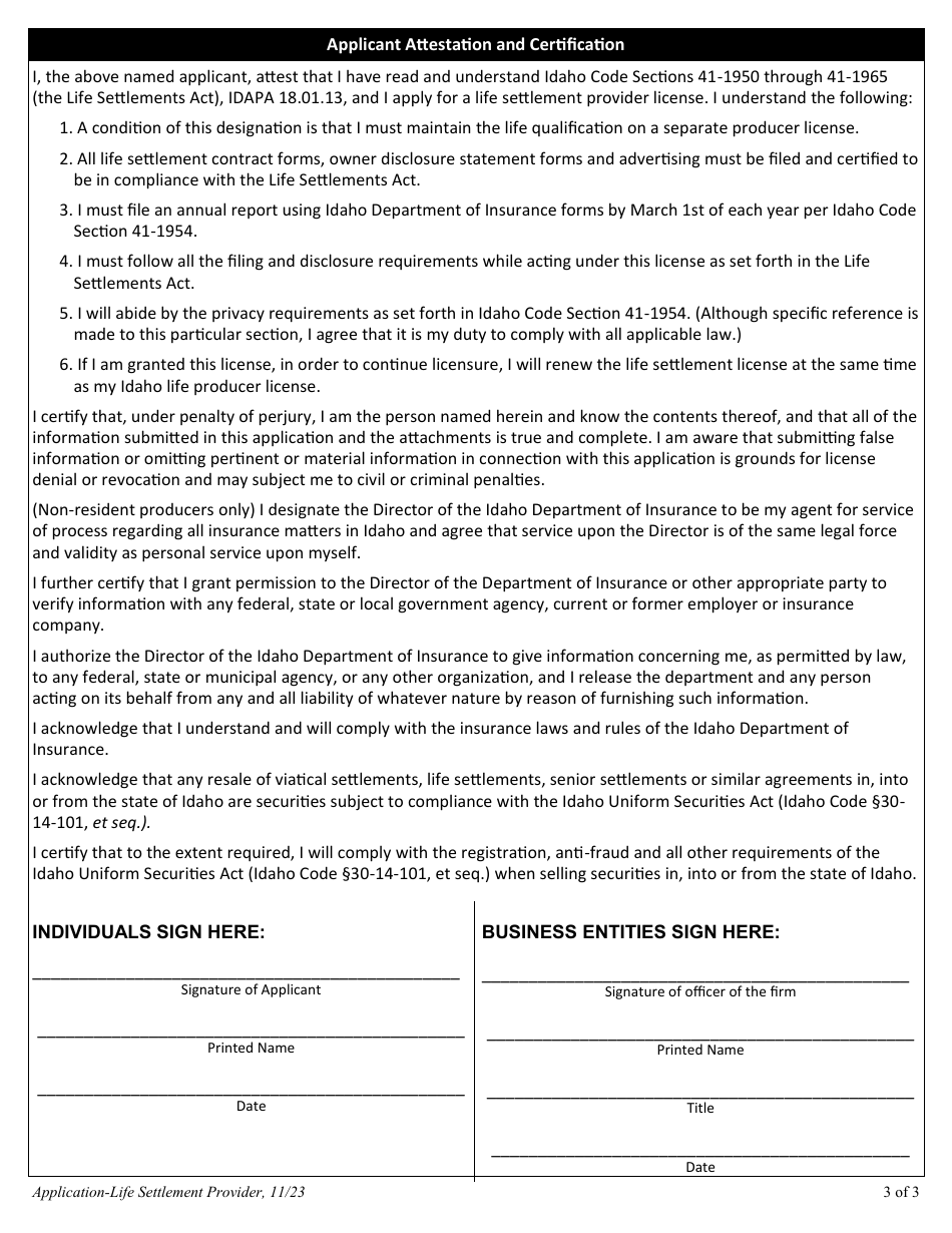 Application for a Life Settlement Provider License - Idaho, Page 3