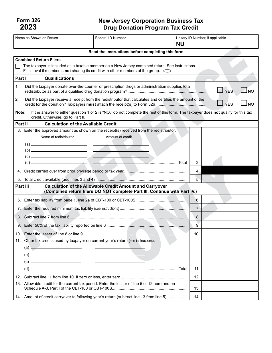 Form 326 New Jersey Corporation Business Tax Drug Donation Program Tax Credit - New Jersey, Page 1