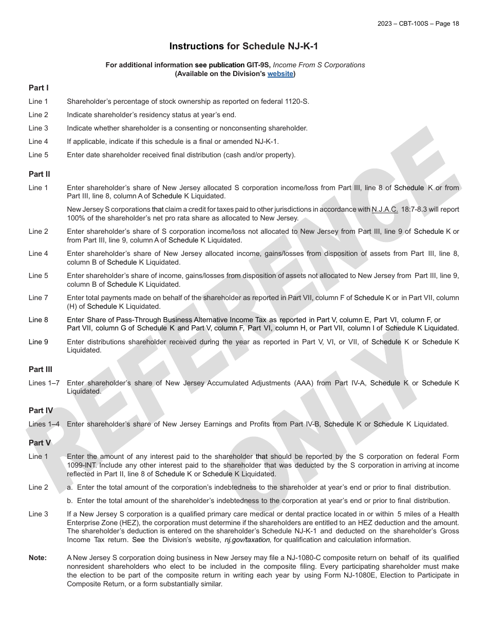Form CBT-100S New Jersey Corporation Business Tax Return - New Jersey, Page 19