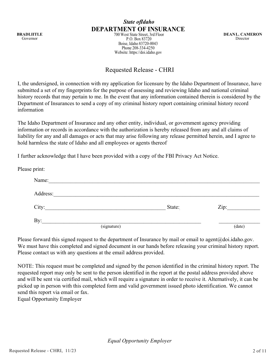 Idaho Bail Renewal Fingerprint Packet - Non-resident - Fill Out, Sign ...