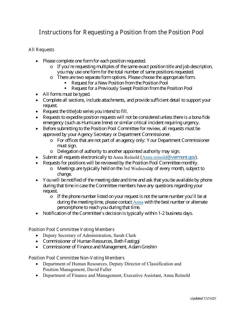 Instructions for Requesting a Position From the Position Pool - Vermont, Page 1