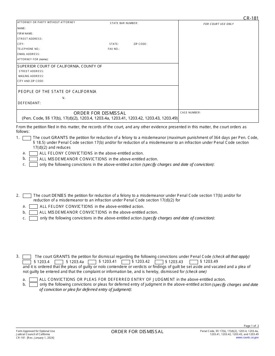Form CR181 Download Fillable PDF or Fill Online Order for Dismissal
