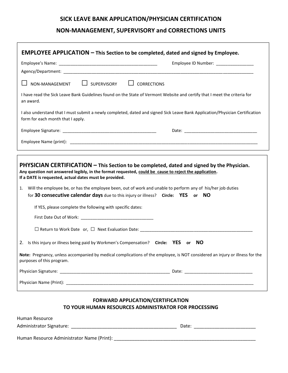 Sick Leave Bank Application / Physician Certification - Non-management, Supervisory and Corrections Units - Vermont, Page 1