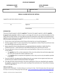 Document preview: Form 100-00291 Small Claims Notice of Appeal - Vermont