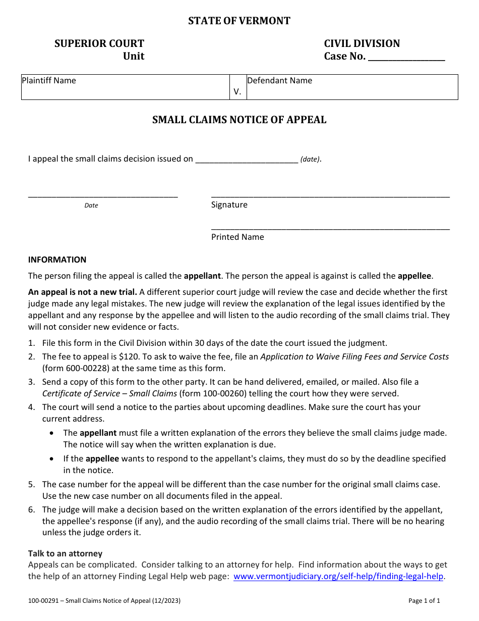 Form 100-00291 Small Claims Notice of Appeal - Vermont, Page 1