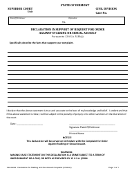 Document preview: Form 100-00248 Declaration in Support of Request for Order Against Stalking or Sexual Assault - Vermont