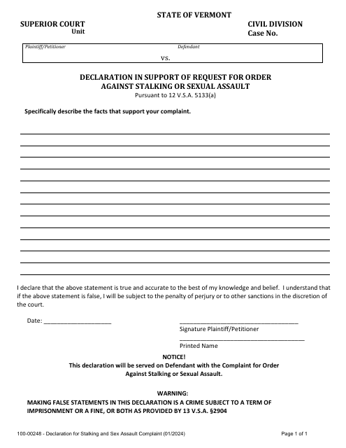 Form 100-00248 Declaration in Support of Request for Order Against Stalking or Sexual Assault - Vermont